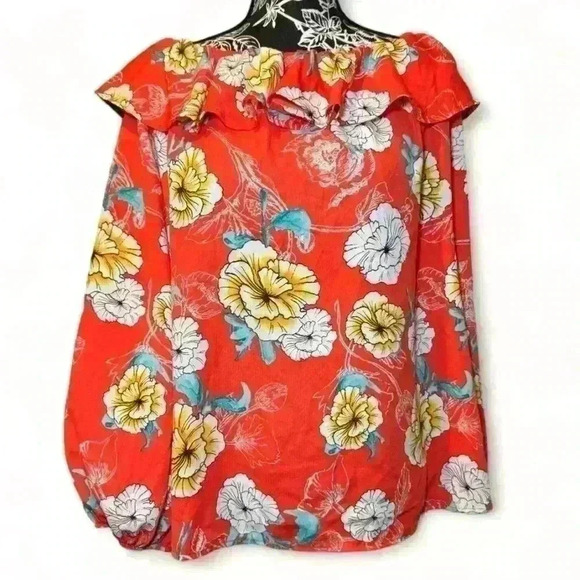 NWT-Vine & Love - Orange Floral Cold Shoulder blouse -Women’s Medium - Picture 1 of 6
